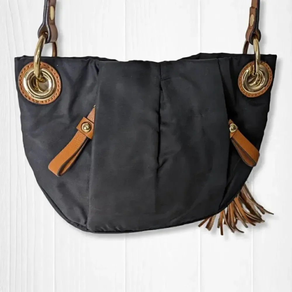 Vince Camuto Womens Sling Bag Adjustable Strap Tasseled Black and Brown